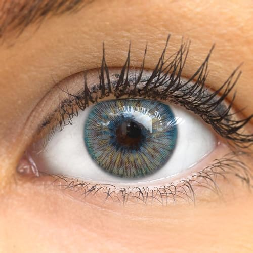 GLAMLENS lentilles de couleur blu naturelles colorées très haute opacité (Bilbao Blue) + étuis à lentilles de contact 1 paire (2 pièces) 90 Jours sans correction 0,00 Dioptries