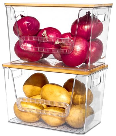 Dacormeg Set mit 2 stapelbaren Aufbewahrungsbehältern für die Küche, für Kartoffeln, Zwiebeln, Obst, Gemüse, Produkte, transparente vordere offene Behälter mit Griff, Bambus-Oberseite