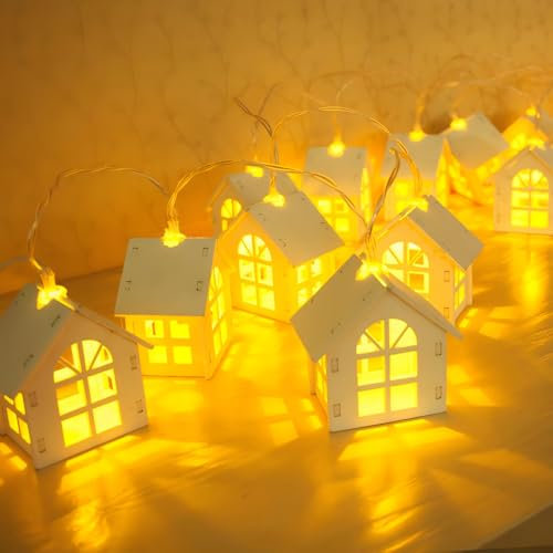 Weihnachtsdeko Weihnachtshaus Beleuchtet, 10stk Christbaumschmuck Holz Mit Led, Weihnachtsdorf Häuser Wichtelstube Holzhaus Batteriebetriebene, Etwa 2 M Lang Weihnachtsbaum Schmücken (C)