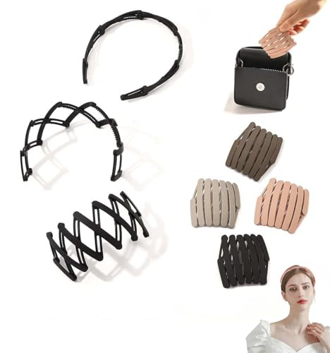 Haarband 3 Stück Faltbar Haarreifen, Kompaktes Faltbares Stirnband, Rutschfestes Haarband mit Zähnen, Einziehbares Taschen Haarbänder für Sport, Fitness, Tägliches Make-up Geburtstag Party Geschenk