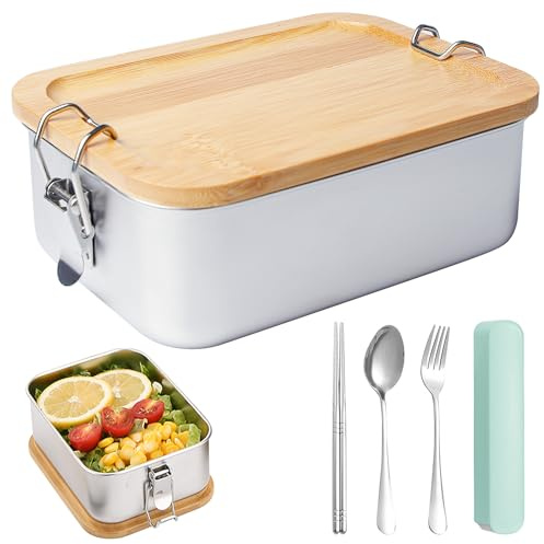 BORDEAG Lunchbox Edelstahl, 850 ML Brotdose Edelstahl Brotdose und Lunchbox, Edelstahl Lunchbox Erwachsene mit Holzdeckel, Bento Box mit Besteck, Frühstücksbox für Arbeit, Picknick