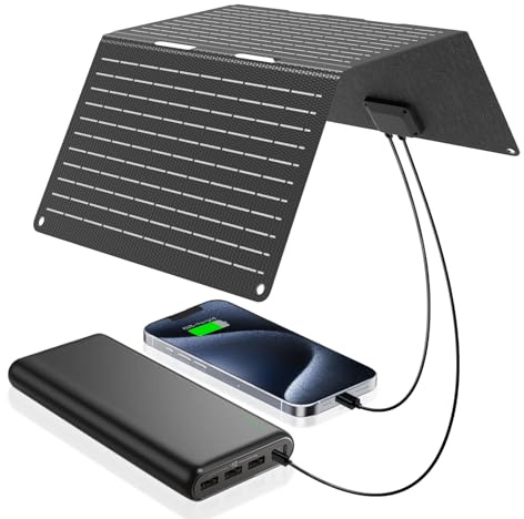 Ecosonique 30W Portable Solar Charger Foldable Solar Panels with USB C USB A ETFE Waterproof for Camping Backpacking Compatible with Cell Phone, iPhone, iPad, Samsung Galaxy, LG, Power Banks