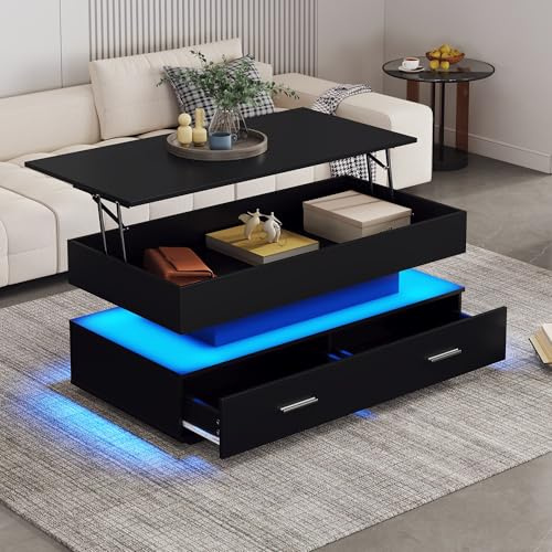 Goeria 100 * 50 * 44cm hydraulisch höhenverstellbarer Couchtisch, mit LED-Beleuchtung, Bluetooth-APP-Steuerung, 2 Schubladen und offenem Stauraum,Schwarzer hebbarer Couchtisch