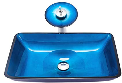 WOTZOV Aufsatzwaschbecken fürs Badezimmer, Blaues Glaswaschbecken, Aufsatzwaschbecken, Aufsatzwaschbecken, rechteckiges Badezimmerwaschbecken, Kunstwaschbecken mit Messing-Wasse