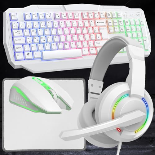 White 4-in-1 Gaming Set, Keyboard with RGB LED, 2400 DPI Mouse, Mouse Mat, LED Gaming Headset, UK Layout, Fully Wired