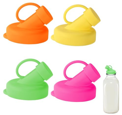 Lyreh 4pcs Silicone Milk Bottle Dispenser Caps for Stanpac & Libbey, 48mm Diameter 4 Color Reusable Airtight Glass Milk Bottle Pour Spout Lids BPA Free and Dishwasher-Safe