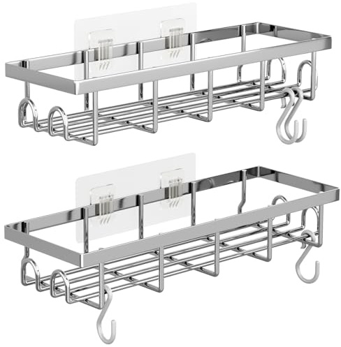 SUMAITech Estanteria Baño, 2 Piezas, Estante Ducha sin Taladro, Resistente al Agua y oxidación, Organizador baño para champú y Gel, Negro (Juego de 2 estanterías Plateadas para baño)