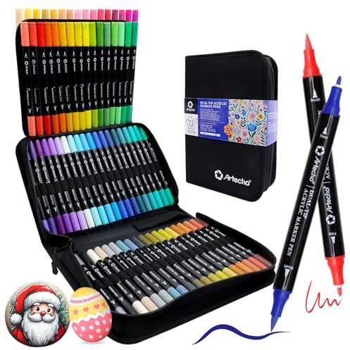 Artecho Marqueurs de peinture acrylique 72 couleurs avec sac, stylos de peinture acrylique avec pointe pinceau et pointe fine pour pierre, papier, citrouille, bois, œuf, toile