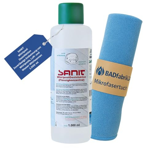 BADfabrik24 SANIT Whirlpool-Desinfektion 1000 ml – pH-neutral, wirksam gegen Bakterien, Algen & Viren – für Whirlpools & Whirlwannen – Made in Germany, inkl. Mikrofasertuch