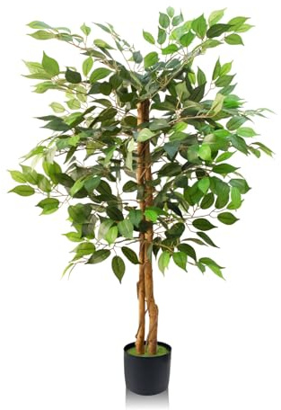 GOVIRAYE 120cm Kunstbaum Ficus, Kunstpflanze Groß mit Naturholz-Stamm wie echt für Wohnzimmer, Büro, Garten, Balkon & Terrasse