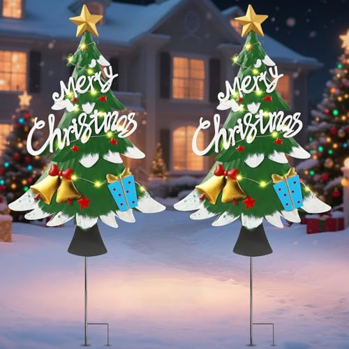 Lewondr 2PCS Weihnachtsdekoration Für Draußen, 41,1 Solar Metall Weihnachtsbaum Gartenstäbe, Weihnachts-Hofschilder Mit LED-Licht, wasserdichte Solar Gartendekoration Für Wege