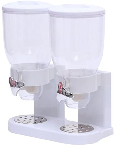 Dispensador doble de cereales blanco, 2 cubos, giratorio de 360 grados con tapas, gran capacidad
