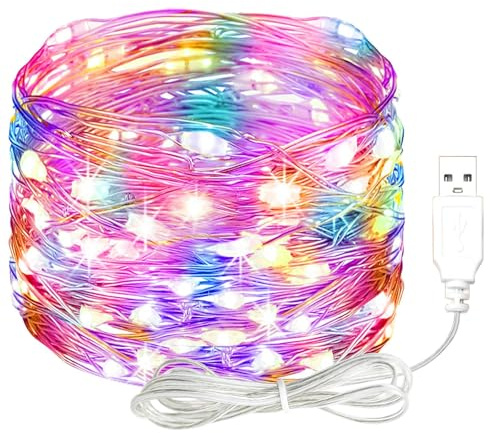 Koboko LED Lichterkette mit USB, 5M 50 LED Wasserdicht Kupferdraht Lichterkette, Bunt Lichterketten Batteriebetrieben, Dekorative Lichter für Schlafzimmer, Garten, Weihnachten, Hochzeit, Geburtstag