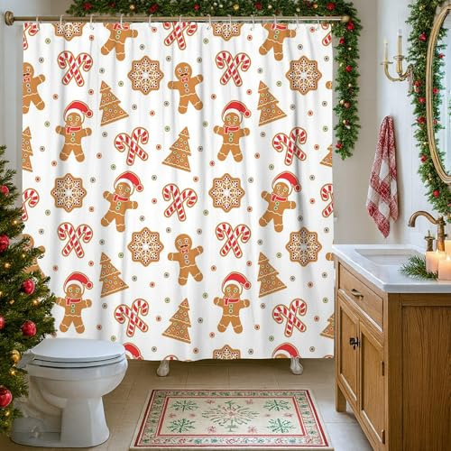 Gingerbread Shower Curtain, Christmas Festive Candy Cane Xmas Tree Red Polyester Waterproof Toile Cloth Shower Curtains for Bathroom Bathtub Apartment Decor 72x84 Inch