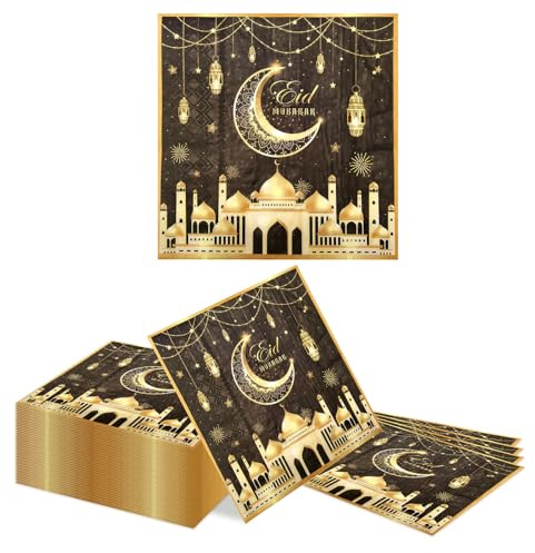 Kotkiddy 40 Pack Serviettes en Papier Design Noir Or Thème Ramadan Mubarak Deux Couches Eid Mubarak Accessoires de Fête Serviettes en Papier Jetables Accessoires de Cuisi