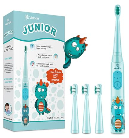 Vekkia Kids Rechargeable Electric Toothbrush for Ages 5-12, Electric Toothbrush Kids with Timer, 3 Modes, IPX7 Waterproof, 28000VPM Powerful & Gentle for Children‘s Teeth, 4 Soft Brush Heads(Blue)