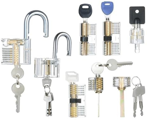 8 PCS Transparent Padlock and Tubular Lock Set - Upgraded Version with Stainless Steel Picking Kit & Keyed Alike Lock Set