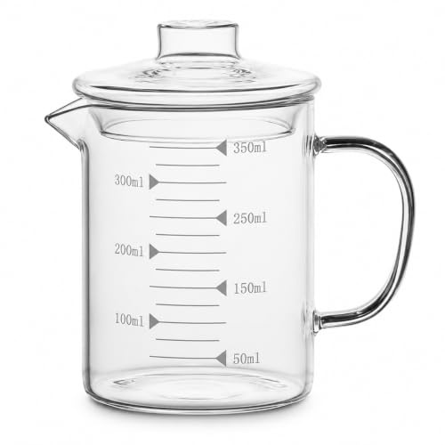 Healeved Jarra medidora de vidrio de borosilicato grueso de 350 ml con tapa, taza de leche de cocina para hornear y calentar en microondas, taza medidora para el hogar
