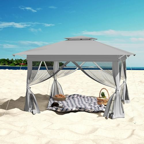 UISEBRT Faltpavillon 4x4m Wasserdicht mit Moskitonetz, Höhenverstellbarer Gartenpavillon, Pop-Up Partyzelt mit Tragetasche auf Rollen, UV-Schutz, für Terrasse Garten Hinterhof (Grau)