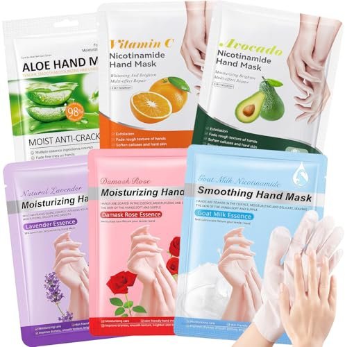 6PCS Hand Moisturizing Mask with Serum - Hydrating & Repairing Gloves for Dry Hands, Infused with Milk, Rose, Aloe Vera, Avocado, Lavender & Vitamin C - Nourishing, Softening & Exfoliating