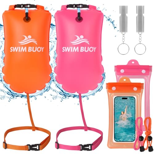 JONRRYIN 28L Boya de Natación Inflable, Bolsa Impermeable Seca, Flotadora Inflable con Cinturón Ajustable para Deportes Acuáticos, Kayakistas, Surfistas, Canotaje (Naranja + Rosa)