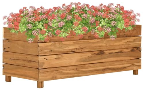 Nqyjm Macetero para flores, bancal alto, 100 x 40 x 38 cm, madera de teca y acero, bancal alto para verduras, flores, jardinera para jardín, balcón, terraza