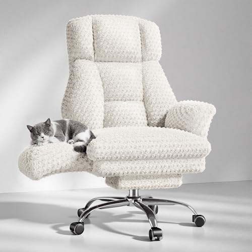 HOMRELEXA Bürostuhl mit Fußstütze, 135° für Home Office, Rosé-Samtweiß | Weichen Armlehnen und breitem Sitz für Arbeit, Extra breiter Sitz für Schneidersitz, Lesen und Relaxen.