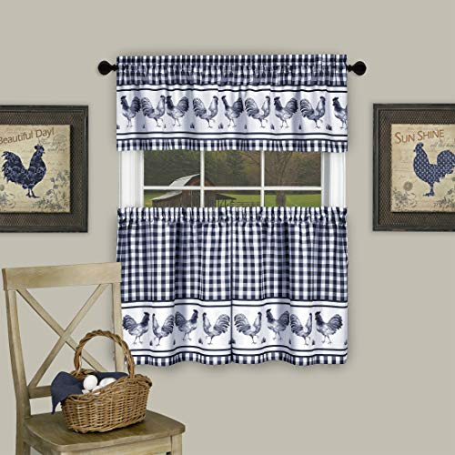 Achim Home Decor - Set di tende da finestra con stampa filtrante e mantovana - 147 cm di lunghezza, 61 cm di larghezza, colore: blu navy, lavabili in lavatrice, per cucina, camera da letto, soggiorno