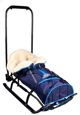 3in1 Kinder Schlitten mit Rückenlehne, Fusssack, Schiebegriff und Gurt aus Aluminium (Navy&Graphite)
