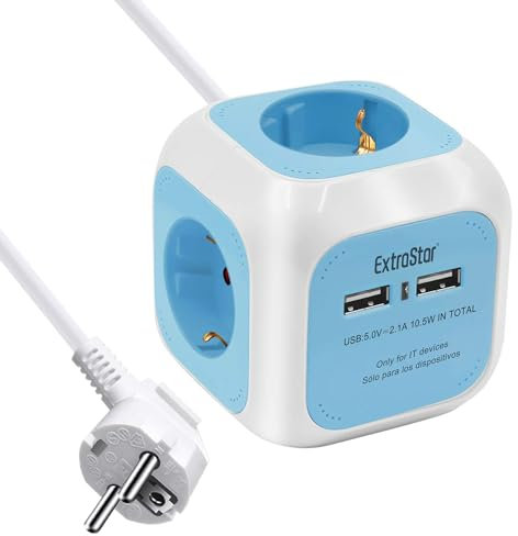 EXTRASTAR Steckdosenwürfel mit 2 USB-Anschlüssen(5V/2.1A), 4-Fach Steckdosenleiste mit 1.5M Kabel, Mehrfachsteckdose Würfel für Büro, Heim oder Reise, Blau