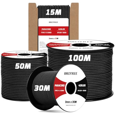 Brotree Paracord 3mm 50M Cuerda 425 Nylon Tipo II 3 Hebras - 192KG MAX