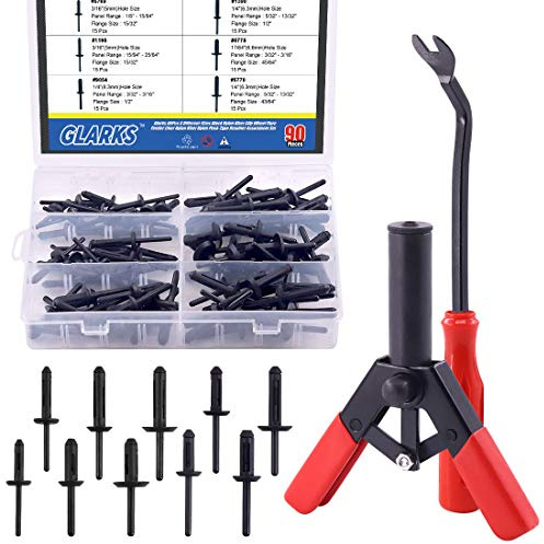 Glarks 92-teiliges Nietpistole, Befestigungswerkzeug und 6 Größen Nylon Universal Pop Niet Sortiment Set zum Installieren und Entfernen von Autotürverkleidungen und Polsterklammern (Nietpistole)