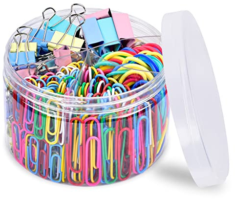 Paper Clips, Sopito 300pcs Paperclips Binder Clips Assorted Sizes (S/M/L) and Rubber Bands, Colored Office Supplies Set College School Supplies