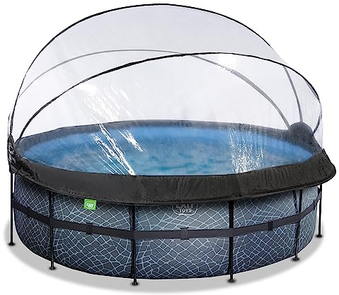 EXIT Toys Aufstellpool ø427x122 cm Garten mit Sandfilter und Wärmepumpe | Stone Look, Grau, Stahlrahmen, Sandfilter, Abdeckplane, Heizung, Sofort einsatzbereit, Wassertiefe 110 cm, 14.758 Liter