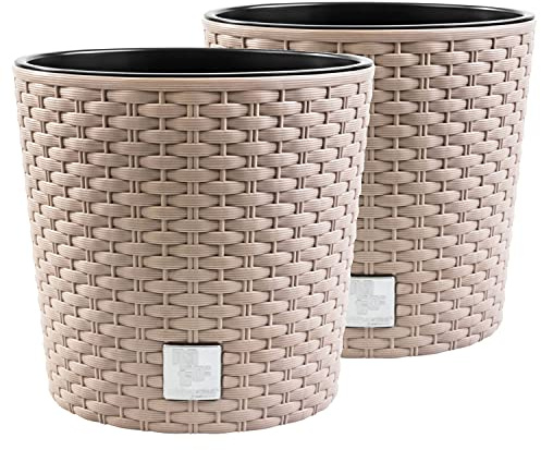 PAFEN 2X Blumentopf RATTO Rattan-Optik Kunststoff Topf Blumenkübel inkl. Einsatz Übertopf Mocca ⌀30cm