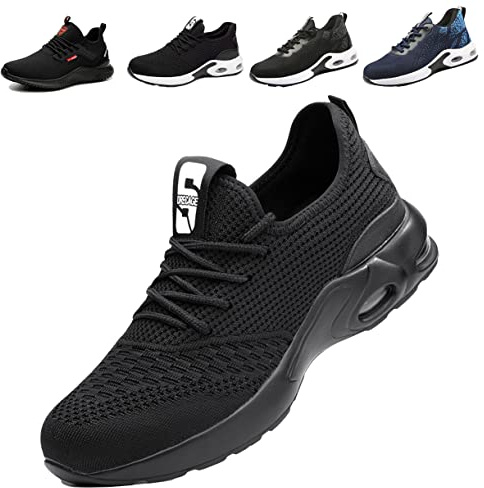 Fadezar Safety Shoes Mens Lightweight Steel Toe Trainers Womens Puncture-Proof Breathable Safety Work Trainers Non Slip Industrial Work Shoes 01 Pure Black 6 UK (Label Size 40)