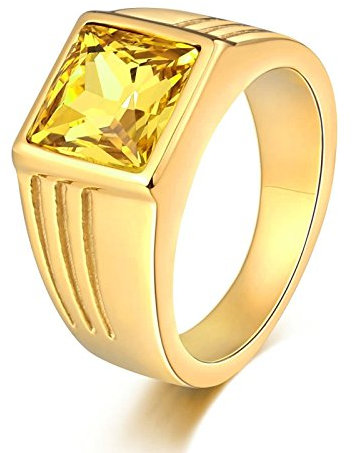 KnSam Herren Ring, Ringe Herren Vintage Quadrat Aus Edelstahl Siegelring Für Herren Männer Mit Zirkonia Gold Gelb Ring Mit Kostenlos Gravur
