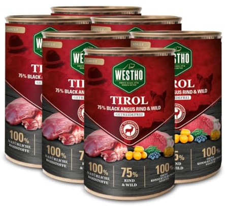 WESTHO Nassfutter Tirol 6x400 g, 75% Rind & Wild, getreidefrei | Premium-Nassfutter in Lebensmittelqualität, reich an Antioxidantien, extra viel Fleisch – für alle Rassen