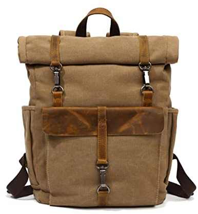 FANDARE Rolltop ryggsäck kanvas skolryggsäck laptop handbagage ryggsäck män kvinnor med 15,6 tum laptopfack ryggsäckar för affärer arbete resor skolväskor dagryggsäckar, kaki, L, Baksida