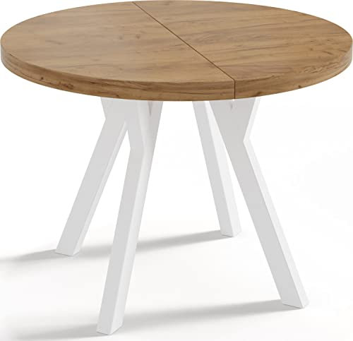 WFL GROUP Designer Runder Ausziehbarer Esstisch - Loft-Stil, Industriell, Platzsparend - Weiße Beine - 100 bis 200cm - für 6-8 Personen - Hergestellt in EU - Eiche Craft - 200 cm