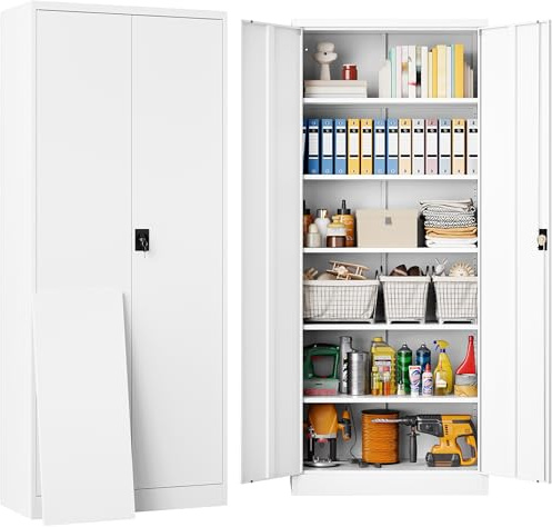 SISESOL White Metal Storage Cabinet with Adjustable Shelves,71 Tall Metal Cabinet with Locking Doors,Steel Cabinet with Lock,Lockable Storage Cabinets for Home,Office,Kitchen,Laundry,Pantry