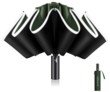 XIXVON Schirm Pro (10 Speichen, Grün) | LSF 50+ 99% UV-Schutz, reflektierender Sicherheitsstreifen, stabil, winddicht, tragbar für Reisen, automatisch | umgekehrter Taschenschirm