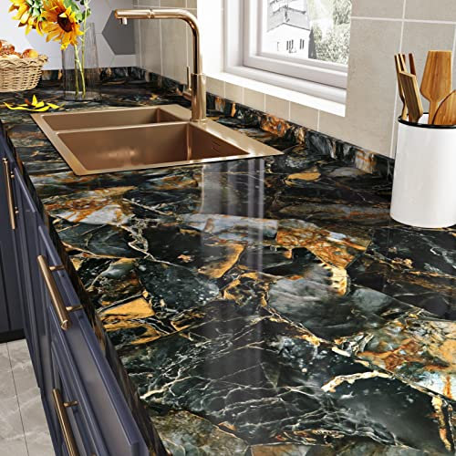 HotDecor Klebefolie Schwarze Marmor Folie für Möbel Schrank Abwaschbar Tapete schwarz gold Selbstklebend Klebefolie für Küchenarbeitsplatte Möbelfolie Marmoroptik Küchenfolie Selbstklebend 60 X 300cm