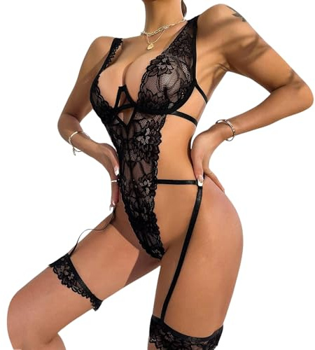 ROSVAJFY Body de Encaje con Liguero, Conjunto de Lencería para Mujer, Teddy Lingerie Escote en V Profundo, Ropa Interior Dormir Atractiva Mujeres Bodysuit sin Espalda Una Pieza (Negro)
