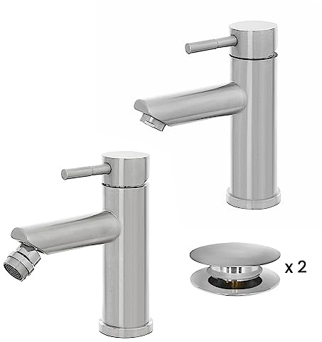 Set miscelatori lavabo e bidet monocomando, in acciaio inox spazzolato, con piletta click clack satinata, YORK