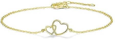 FANCIME Solide 14 Karat 585 Gelb Gold Armband mit Doppel Herz Anhänger, Minimalistisch Geschenk Schmuck für Damen Mädchen, Verstellbar Armkette: 17 + 3 cm