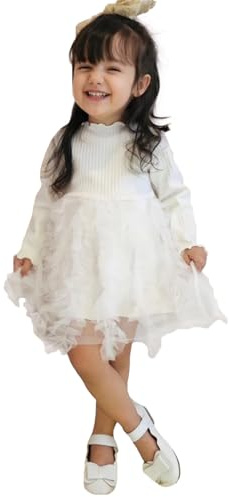 Miipat Baby Girls Dress Long Sleeve Tulle Girl Princess Dress Fall Winter Knit Ribbed Sweater Dresses White 100 18-24 Months