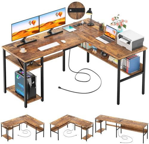 Unikito L Shaped Computer Desk with Magic Power Outlets and USB Charging Port, Sturdy Reversible Corner Desk with Storage Shelves, Modern Work Desk for Home Office, Easy to Assemble, Rustic Brown