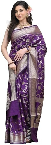 Sugathari Sari Banarasi Sari de seda pura Kanjivaram para mujer, diseño 2023, diseño de pattu, últimas colecciones de sari de fiesta con blusa para sadi de boda (SAN PARI-182 verde oscuro), Morado,