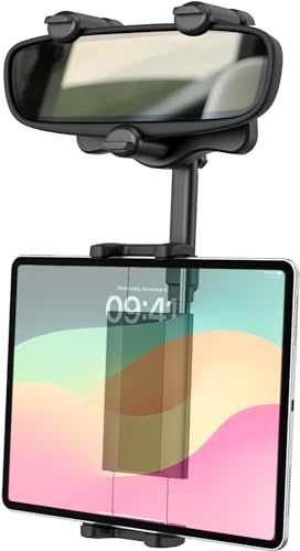 Dosvsi Soporte Tablet Coche Espejo Retrovisor, Soporte Tableta Móvil Retrovisor Automóvil [Brazo Retráctil], 360° Giratorio Porta para iPad Pro 11 9.7 Air Mini, Galaxy Tab, Teléfono, 4~12.9 Tableta